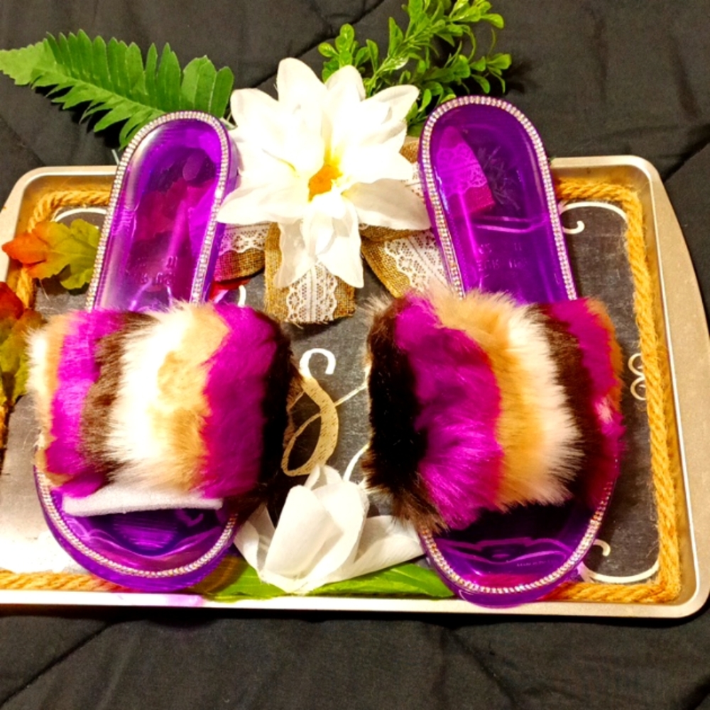 Women's purple multi color blinged out jelly slides